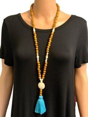Bohemian Long Necklace Wood Beaded Blue Tassel Stone Pendant Womens Jewelry
